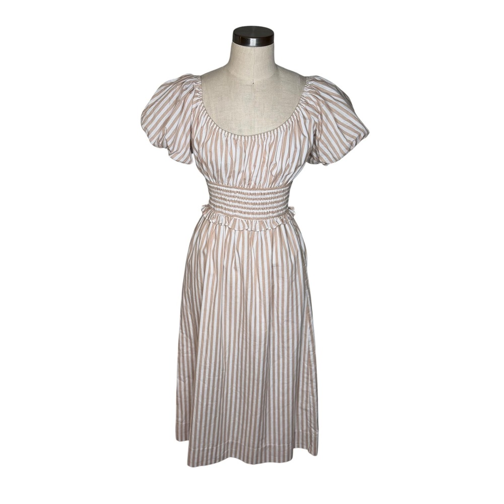 POMANDER PLACE Midi Dress Tan Striped Smocked Puff Sleeve Women's Size XS Boho